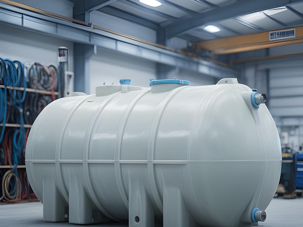 Tanque de PRFV en un taller industrial, con terminación lisa y estructura reforzada para almacenamiento