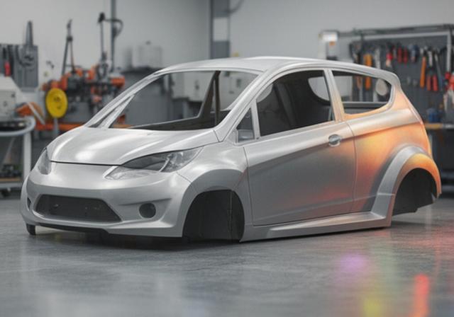 Carrocería liviana de rally finalizada en un taller, con líneas limpias y superficie lista para pintura