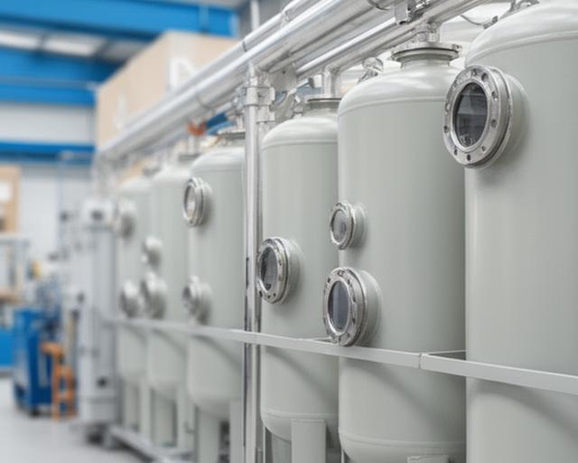 Tanque y recipientes de PRFV instalados en planta, con acabado industrial y bocas de inspección