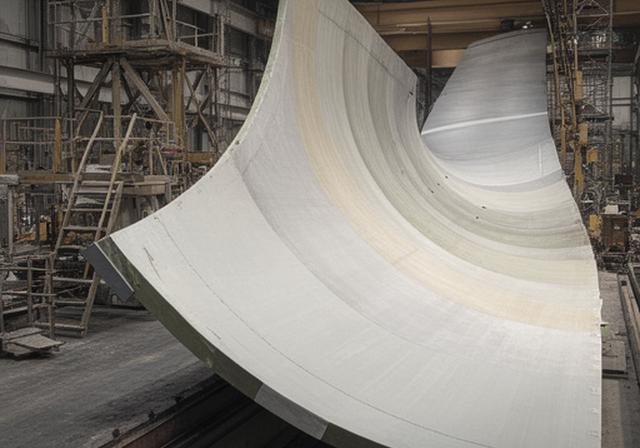 Componente estructural de energía eólica en una línea de fabricación, con gran escala y superficie curvada