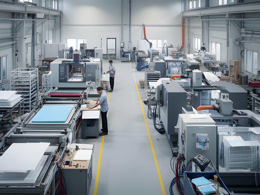 Vista amplia de la planta productiva con zona de laminado, máquinas CNC y personal en circulación