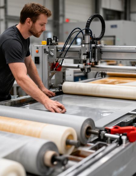 Jefe de producción supervisando laminado de piezas compuestas junto a herramientas y rollos de material