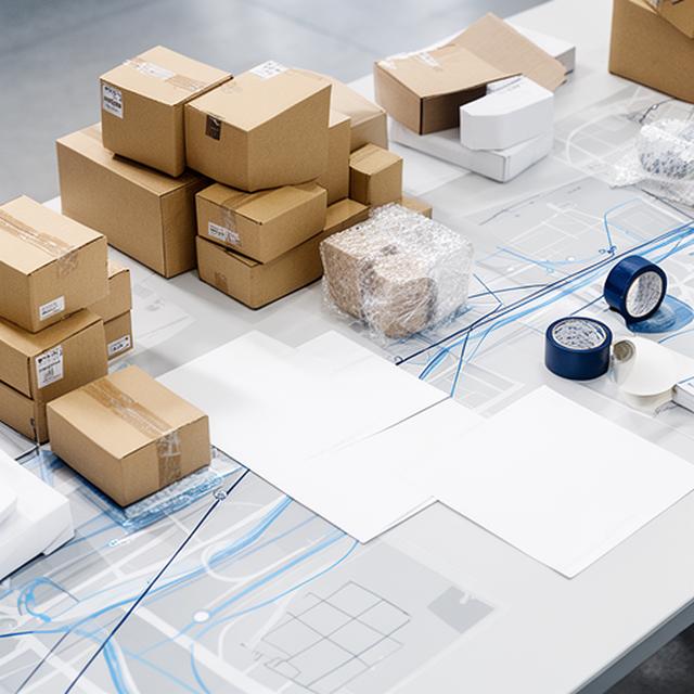 Plano logístico sobre una mesa con cajas embaladas, rutas marcadas y material preparado para despacho nacional