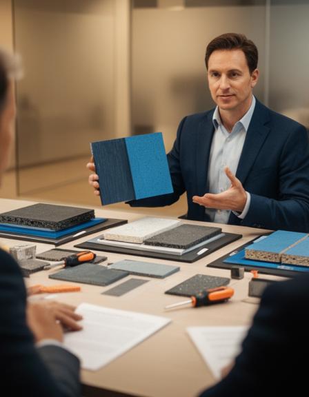 Responsable comercial mostrando muestras de materiales compuestos a un cliente industrial en una mesa de reuniones