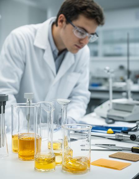 Ingeniera de procesos tomando notas junto a una mesa de laboratorio con probetas y resina